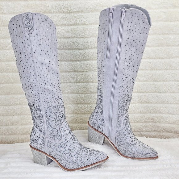 Wild Ones Glamour Cowboy Rhinestone Cowgirl Boots Tuck Zipper Plus Silver Gray - Picture 5 of 13